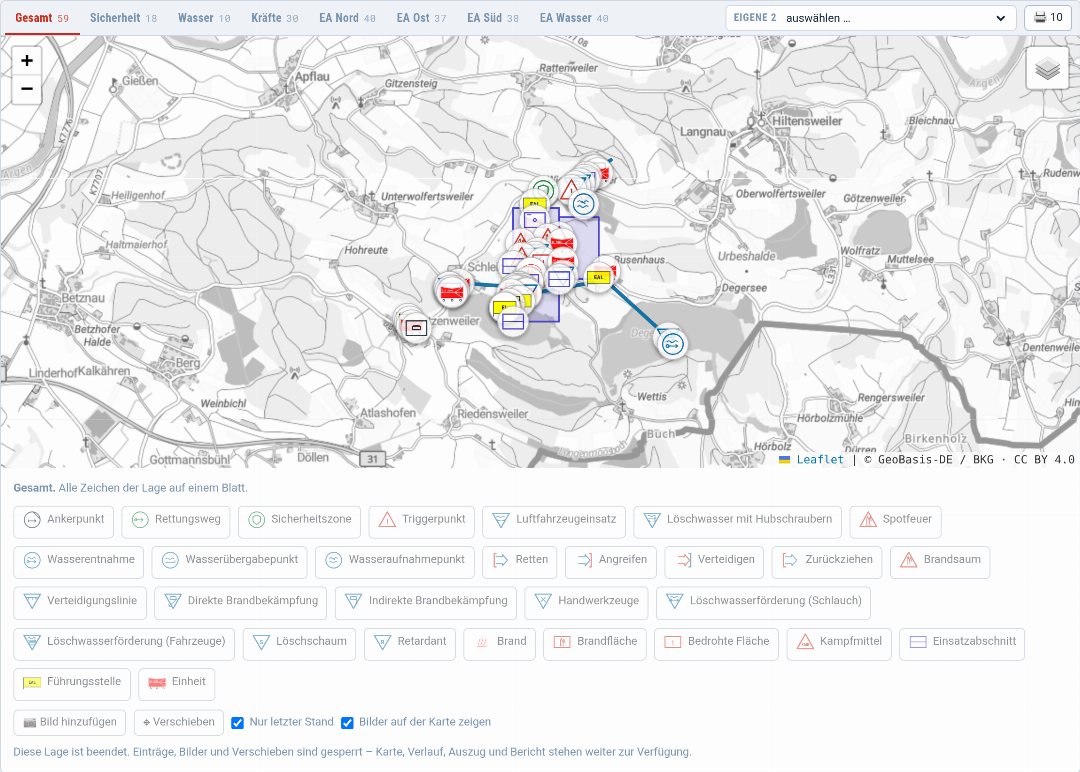 Lagekarte mit taktischen Zeichen, vier Einsatzabschnitten und Reitern über der Karte