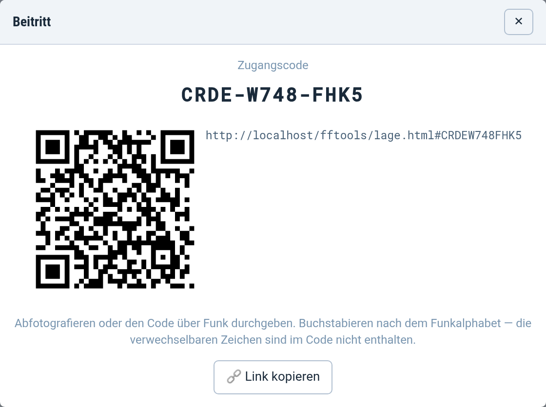 Beitrittsfenster mit QR-Code und Link