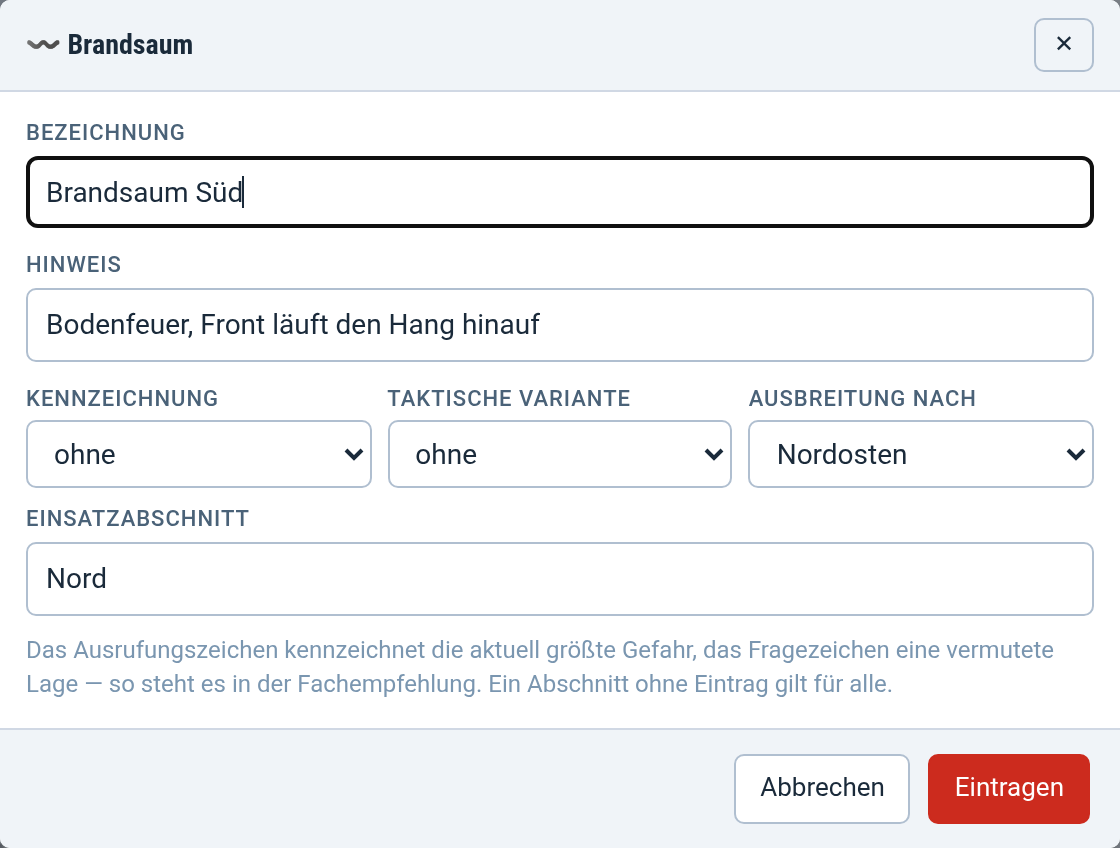 Eintragsfenster eines Brandsaums mit Feld „Ausbreitung nach“