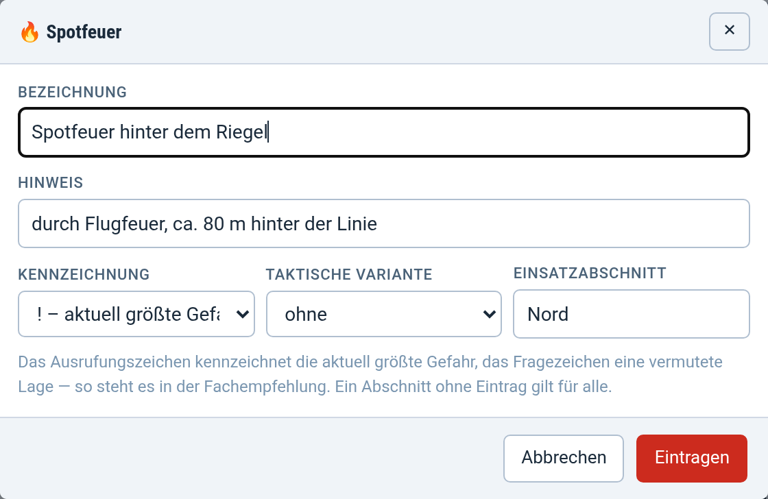 Eintragsfenster mit Bezeichnung, Hinweis und Kennzeichnung