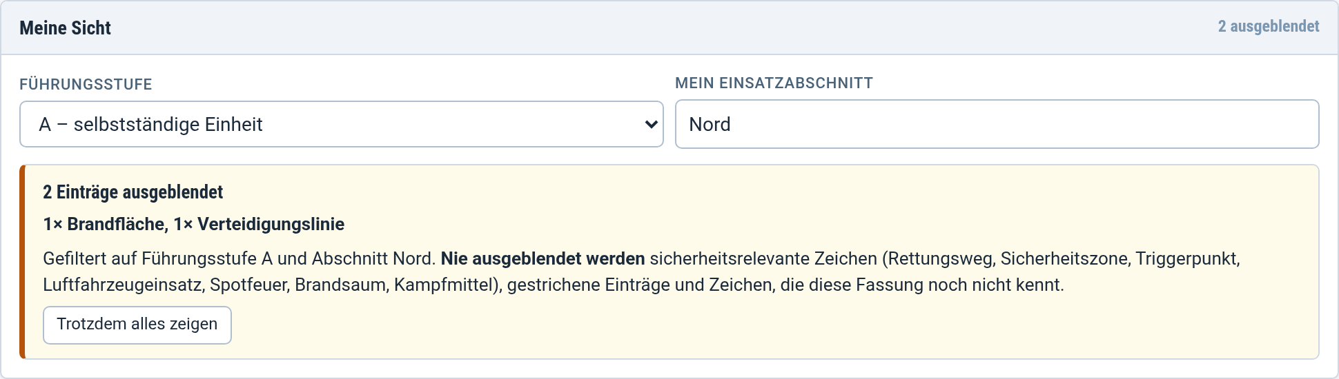 Meine Sicht mit Angabe des Ausgeblendeten