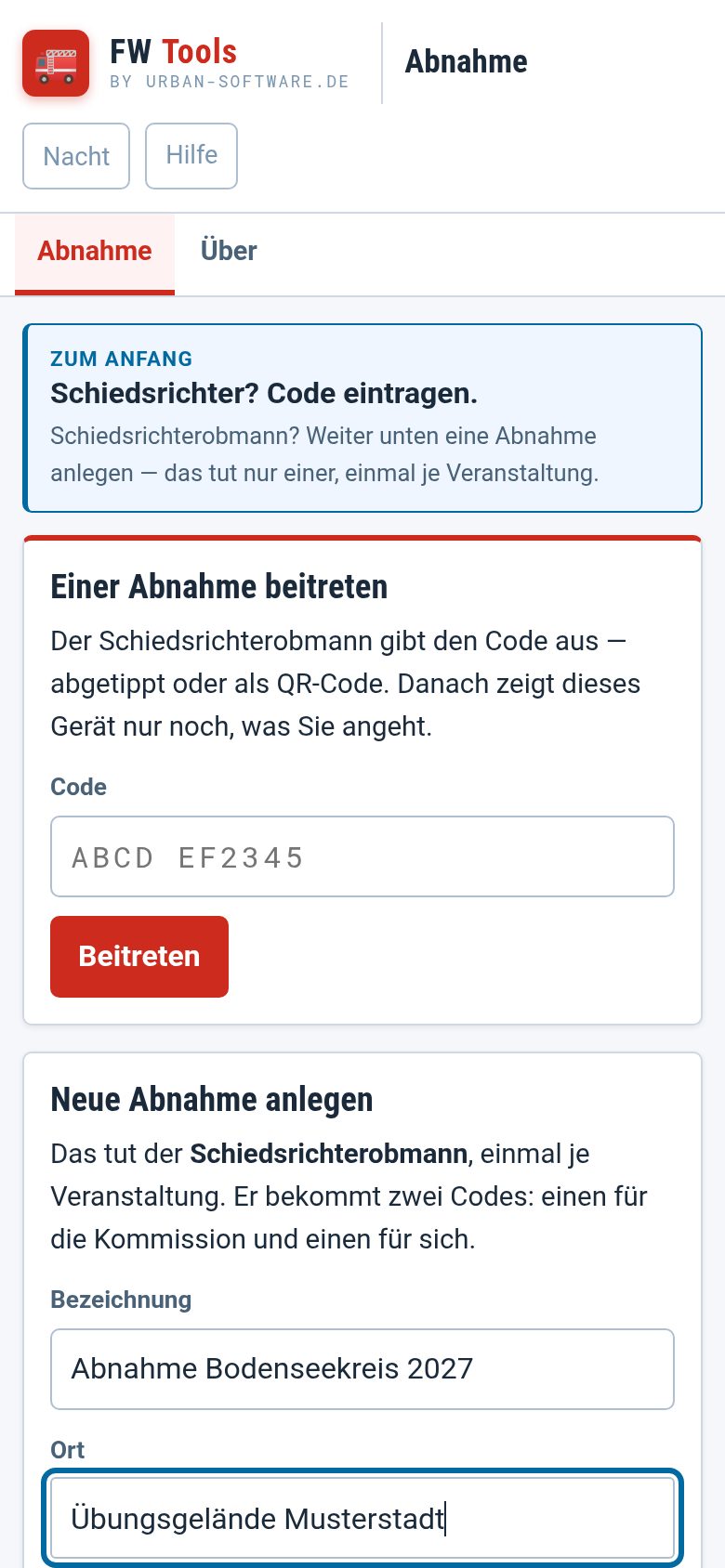 Das Formular „Neue Abnahme anlegen“ mit Bezeichnung, Ort, Datum und Wertungsbogen