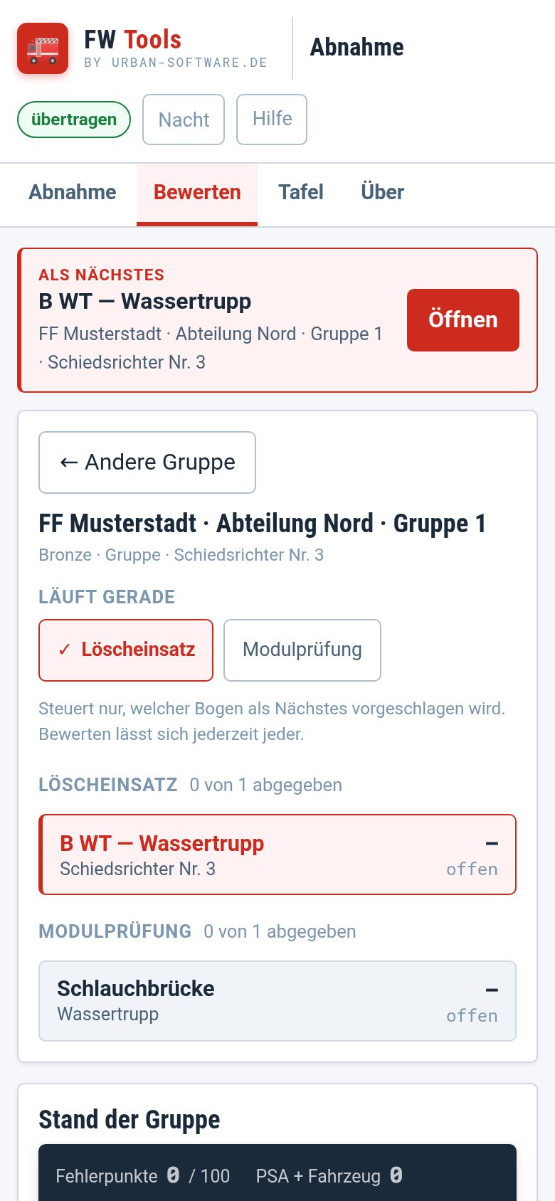Bogenliste einer Gruppe mit der Zeile „Als Nächstes“ und dem Schalter „Läuft gerade“