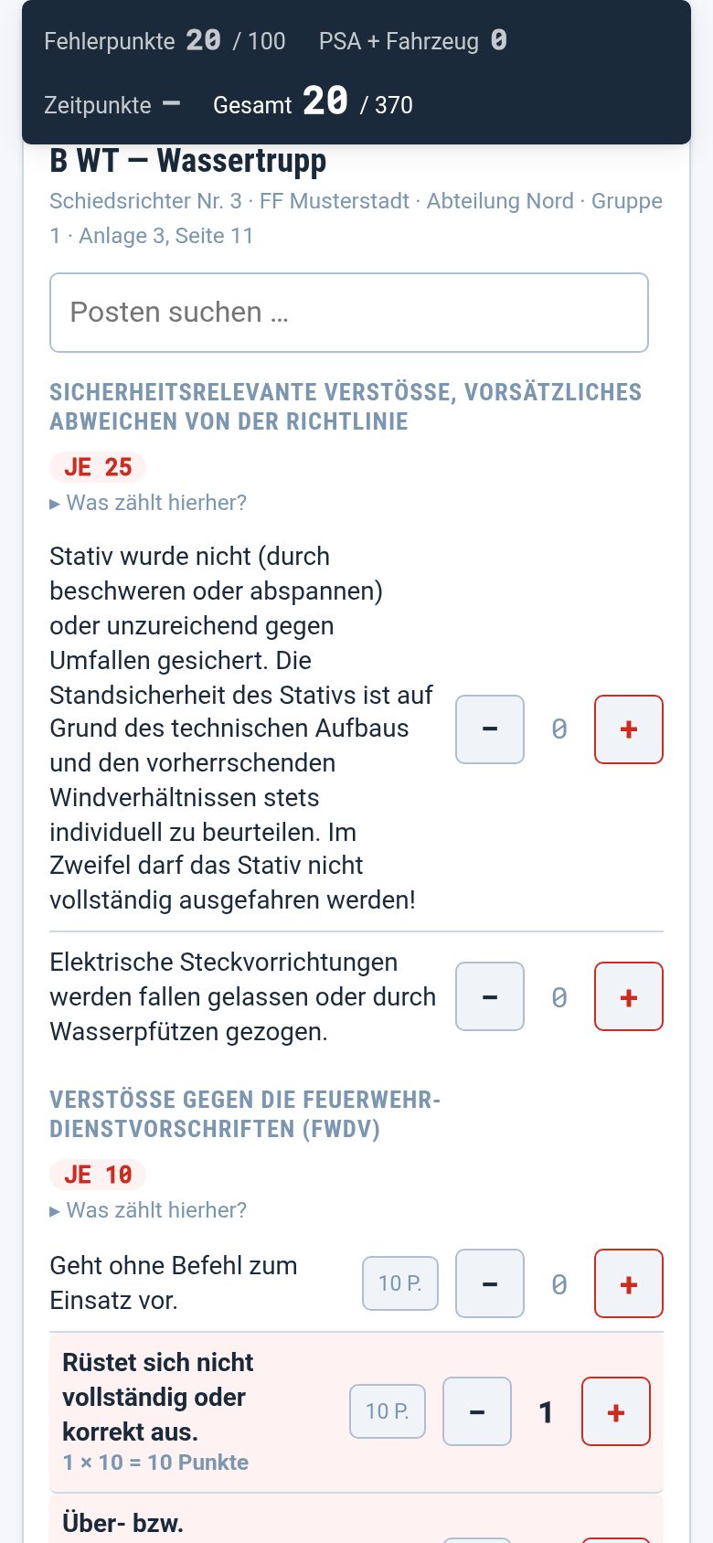 Ein geöffneter Wertungsbogen mit Fehlerklassen, Posten und Zählern