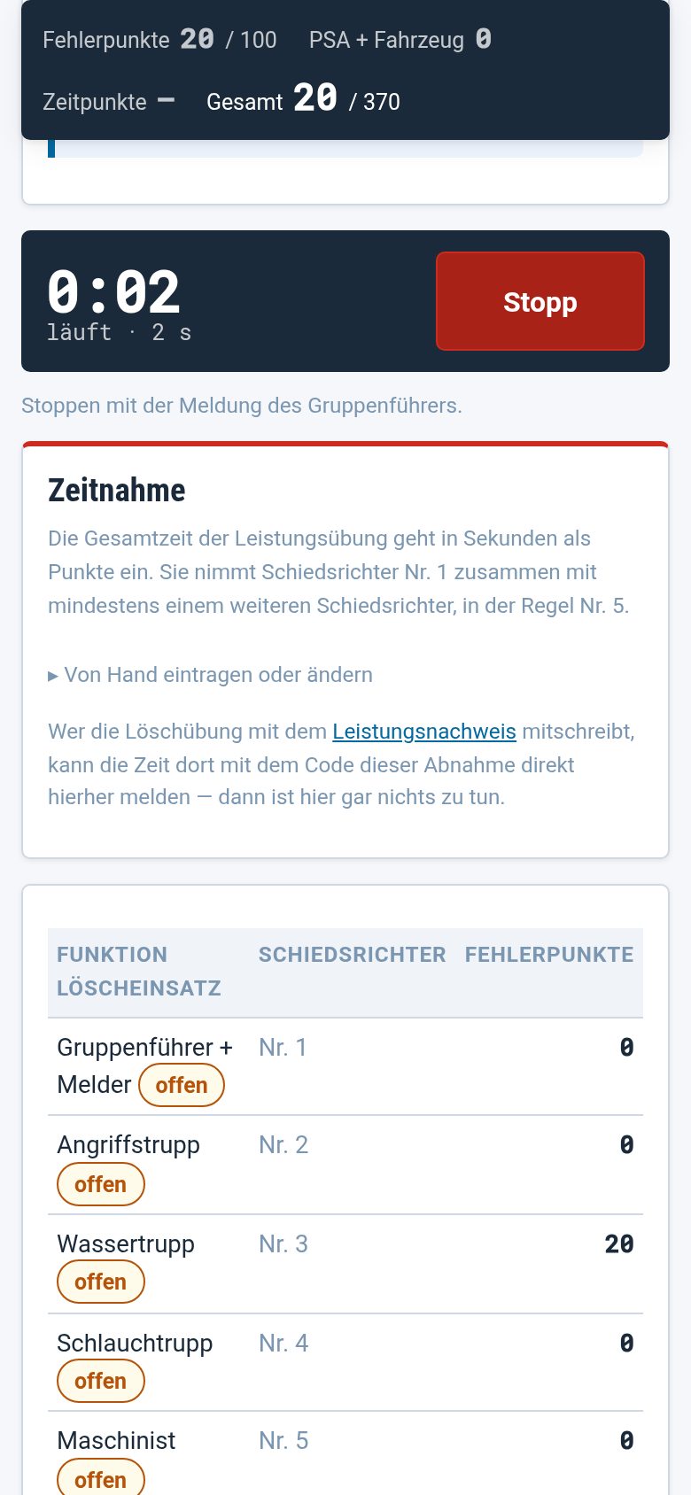 Die laufende Uhr auf dem Summenblatt mit einem großen Stopp-Knopf