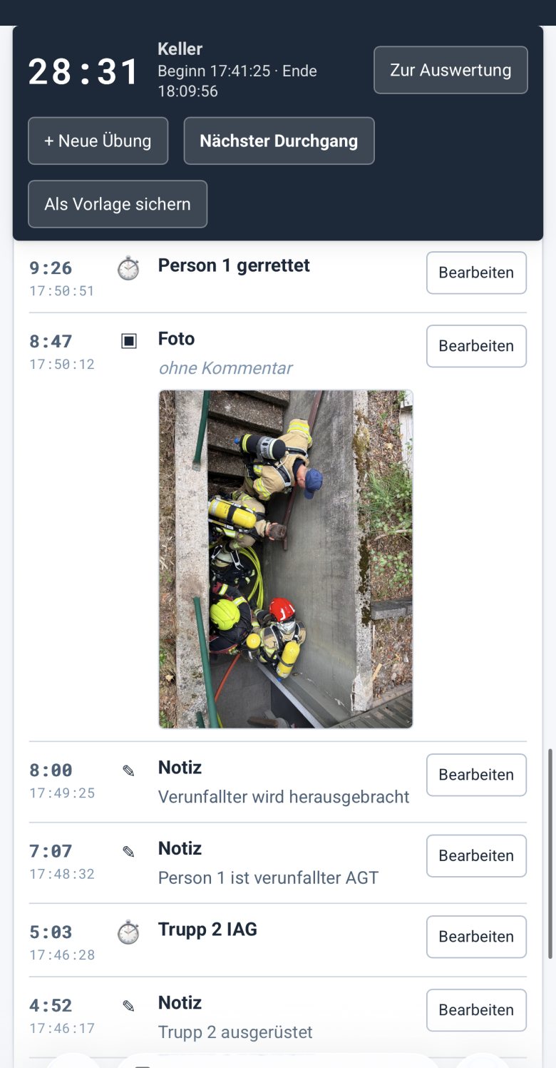 Der Verlauf während einer Übung: Marken, Fotos und Notizen mit ihrer Zeit, jede Zeile über <b>Bearbeiten</b> zu ändern