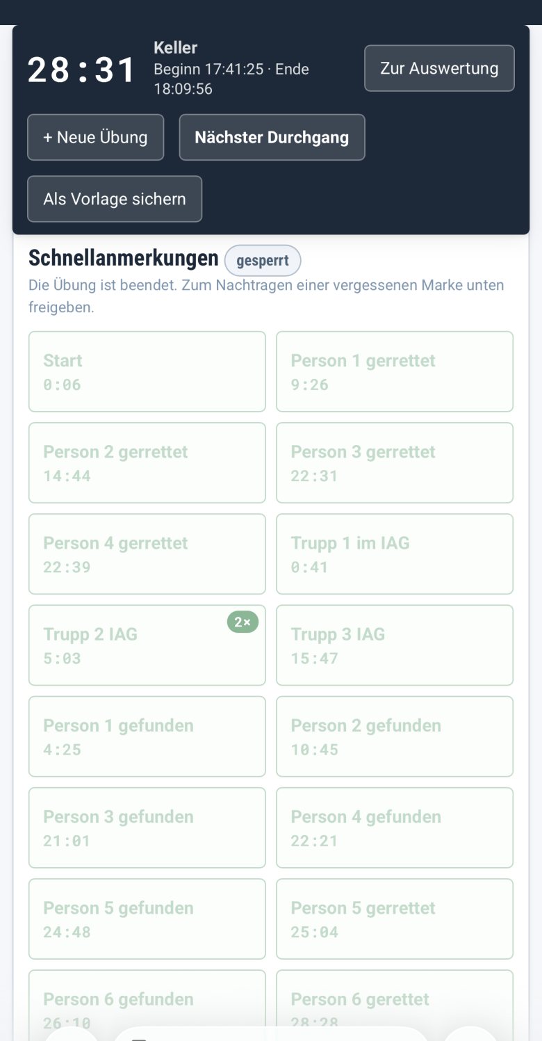Nach dem Beenden: Die Schnellanmerkungen tragen die Marke <b>gesperrt</b> und sind blass, die erfassten Zeiten bleiben lesbar